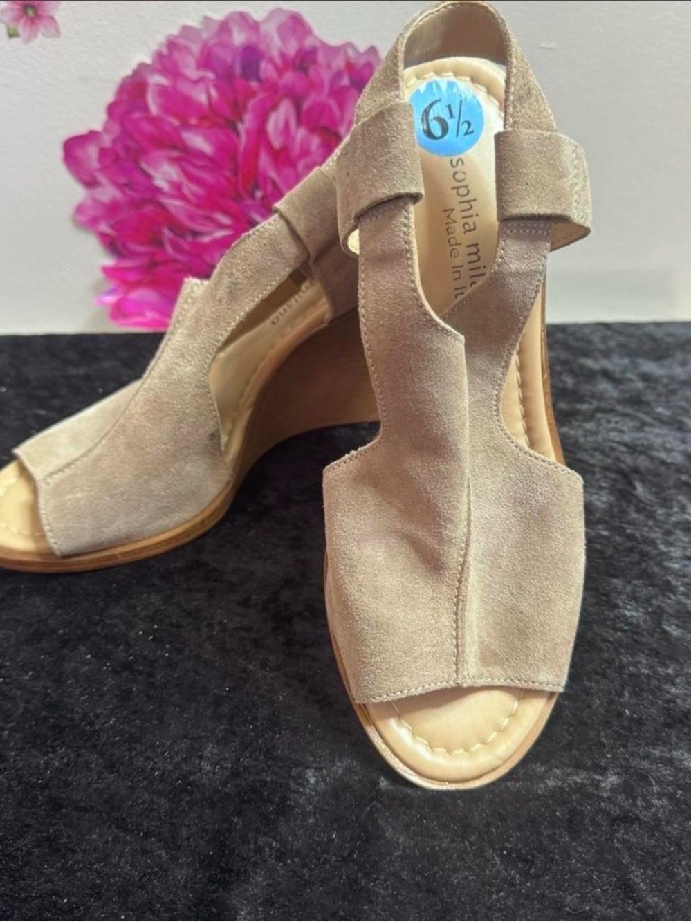 Taupe Suede Open-Toe Wedge Sandals - Size 6.5